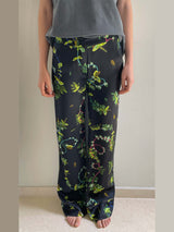 Ronna Nice siesta pants in black ester print on 100% silk satin two front pockets