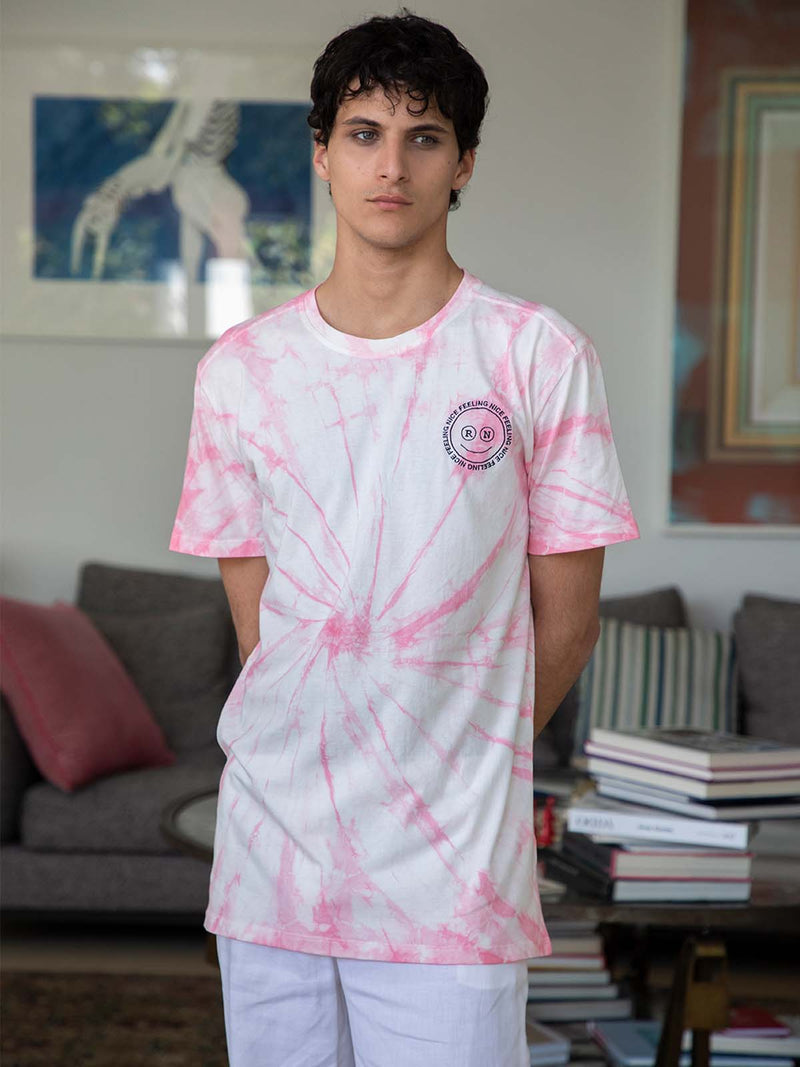 Pink tie dye white cotton t-shirt for men Ronna Nice long cut